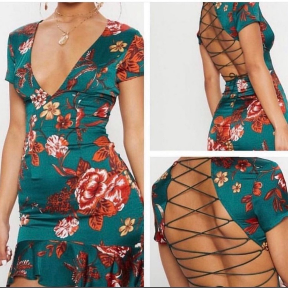 Floral Green Dress with Lace-Up Detail
